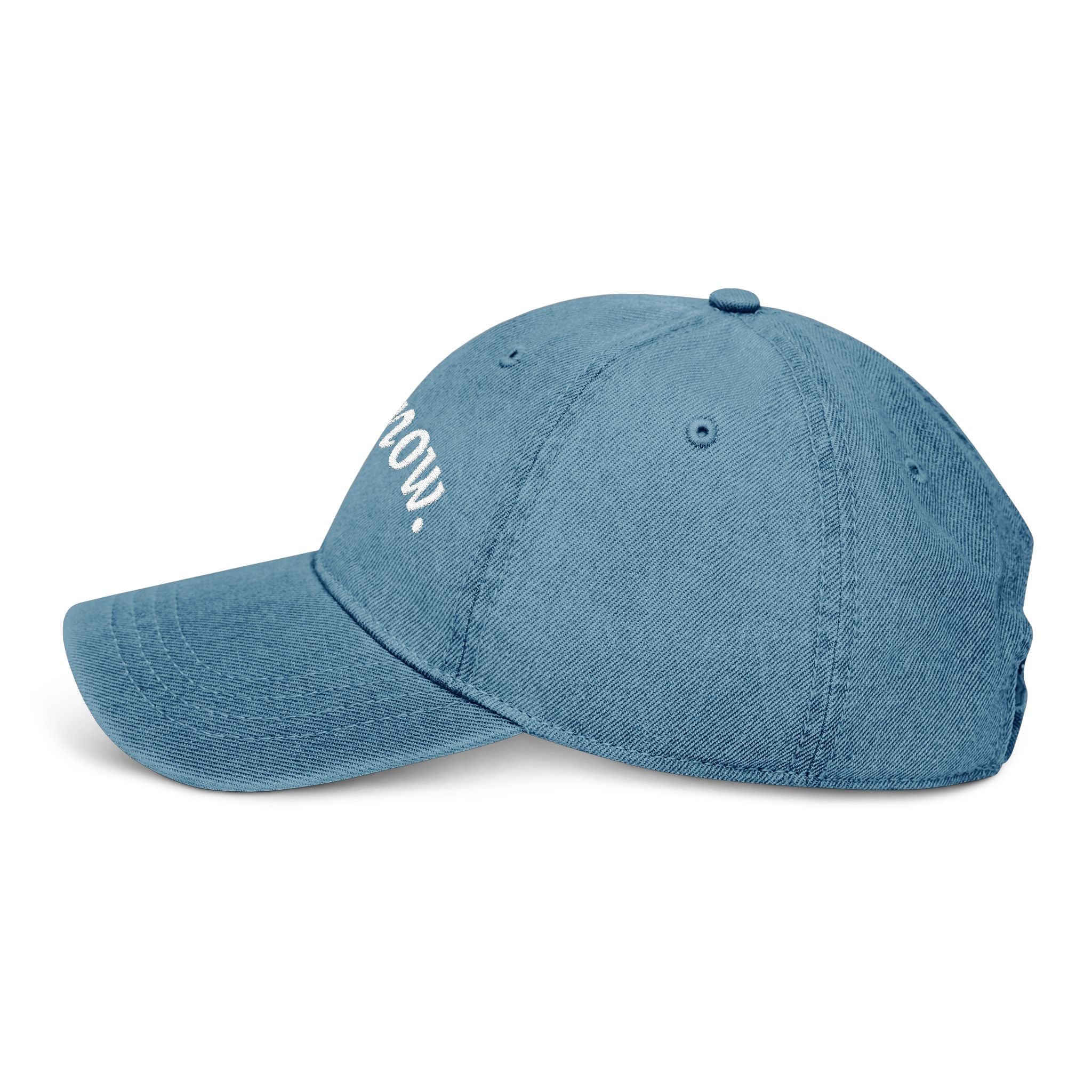 Denim Hat — Embroidered "here, now." Relaxed Dad Cap for Mindfulness & Everyday Wear