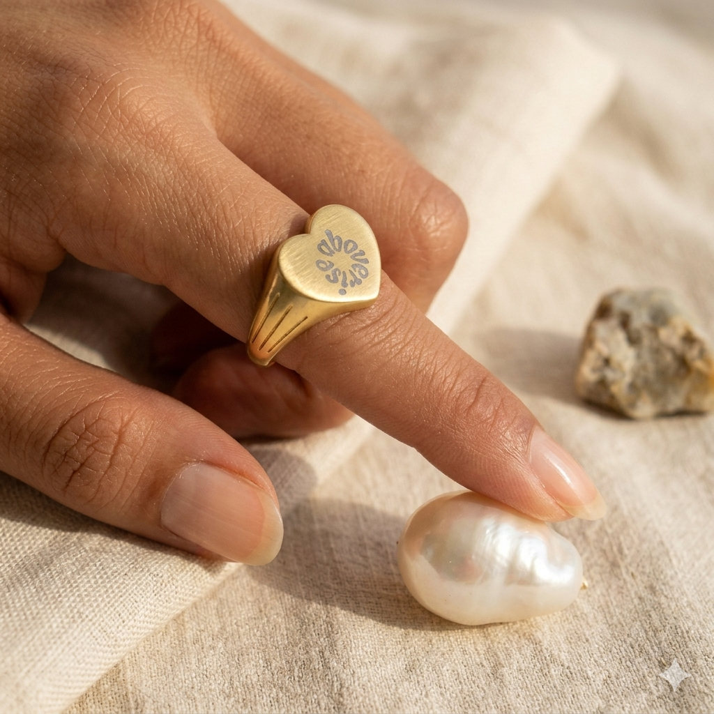 RISE ABOVE Ring - Engraved 18k Gold Coated Stainless Steel - Heart Signet Ring